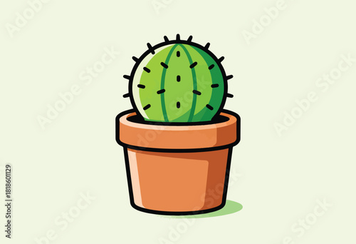 Vector illustration of a cartoon cactus in an orange pot, with green background and minimal shading