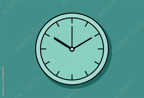 Simple vector illustration of a clock face in turquoise on a teal background. The hands show almost 1010