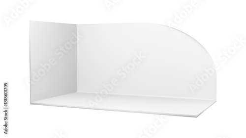 3d booth stand room with corner mockup. Empty white cube box template for section view area. Mock up realistic space for exhibition kiosk or tradeshow backdrop. Open floor render on background design