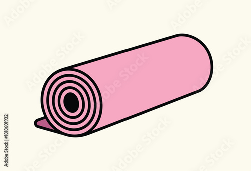 A rolled-up pink yoga mat with black outlines is depicted against a cream backdrop, simple and illustrative