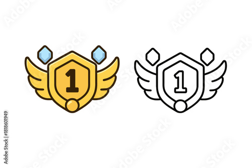 Golden first place winner shield badge with wings and diamonds for achievement ranking