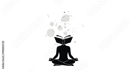 Silhouette of person meditating with an open book as head, ideas flowing outwards.