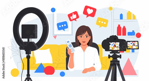 Woman Vlogger Recording Video Beauty Product Promotion, Social Media Influencer, Live Streaming