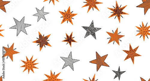 Hand-drawn star pattern a scattered design with orange and gray sketched stars on white background