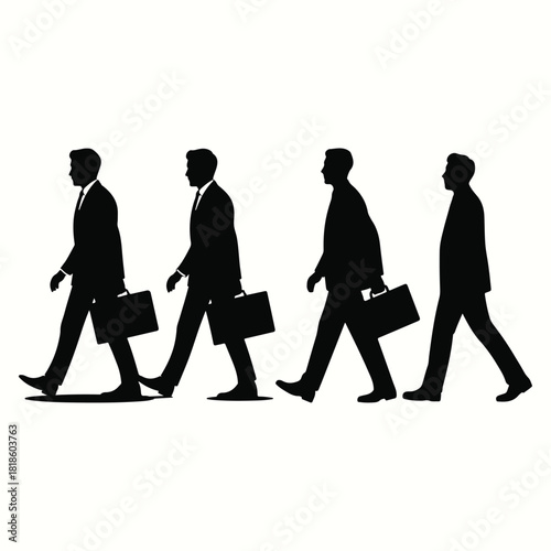 Four silhouetted businessmen walking with briefcases, symbolizing business and teamwork, isolated on white background