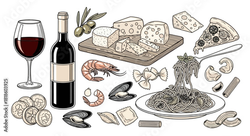 Wine, cheese, seafood, and pasta a culinary illustration of Italian cuisine