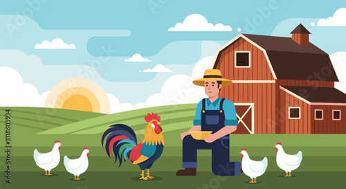 A vibrant vector illustration shows a friendly farmer kneeling to feed a rooster and hens on a picturesque farm with a red barn at sunrise