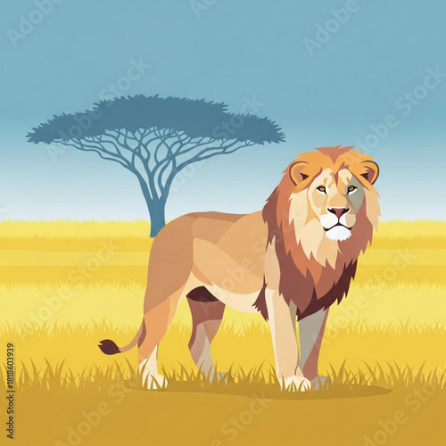 A majestic lion stands proudly in a stylized African savanna landscape.