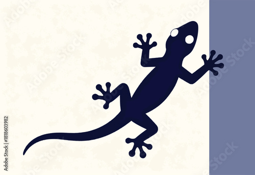 A dark blue lizard silhouette clings to a textured off-white wall next to a solid purple-blue surface