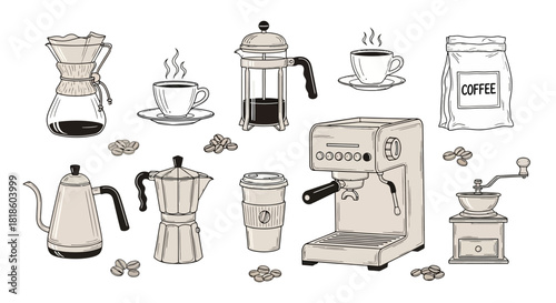 Hand-drawn collection of vintage coffee brewing methods and barista equipment icons