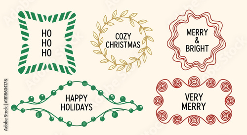 A decorative set of hand-drawn Christmas frames and borders with festive holiday messages