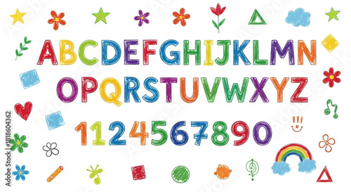 Engaging Rainbow-Colored Alphabet and Numeric Set with Charming Doodled Elements, Perfect for Early Learning Resources and Playful Graphics