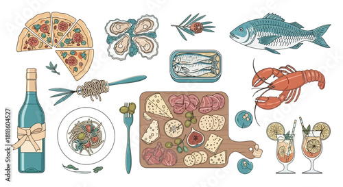Elegant hand-drawn collection of gourmet food and drinks featuring seafood, charcuterie, pizza, and cocktails