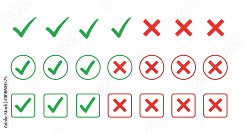 Vector collection of green check marks and red cross symbols in various styles representing approval, rejection, right, wrong, true, false, and task completion for user interfaces