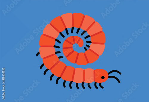 A stylized orange insect, coiled and elongated, with numerous legs and simple features, on a blue background