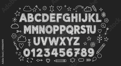 Hand-drawn chalk alphabet and numbers with doodle elements, a creative typography concept on a blackboard background