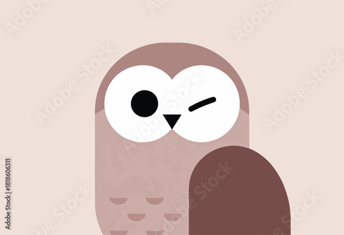 Minimalist illustration of a brown owl with a winking eye, a black beak and white circular eyes, simple background