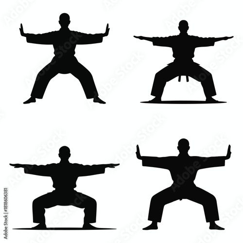 Silhouettes of four martial artists in various dynamic stances, demonstrating strength and discipline, isolated on white background