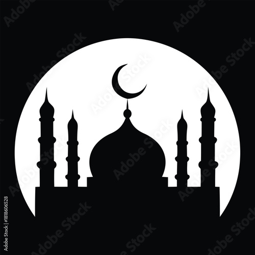 Photography Mosque silhouette with dome, minarets, and crescent moon, on a white circle on b