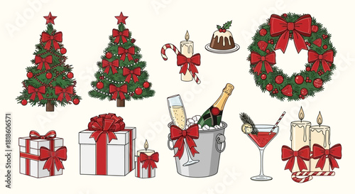 Festive Christmas Icons Decorated Trees, Gifts, Champagne, and Holiday Delights for the Season