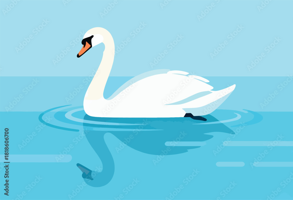 Fototapeta premium A minimalist illustration of a swan floating gracefully on serene blue water, its reflection visible