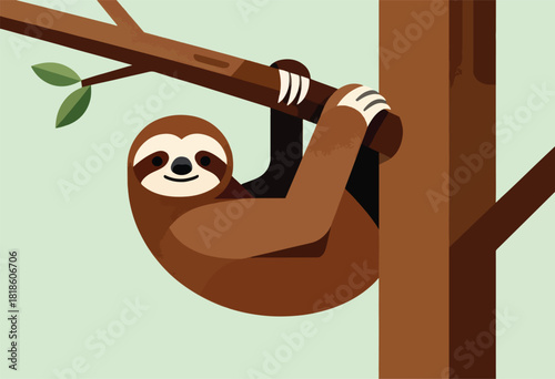A cheerful sloth with brown fur hangs from a tree branch, leaves visible. Simple geometric art style