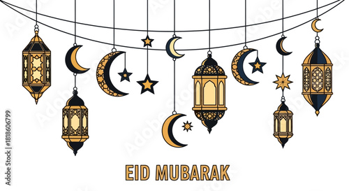 Festive greeting banner for Eid Mubarak featuring a hanging garland of traditional Arabic lanterns, crescent moons, and stars on a white background