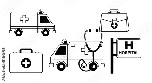 Medical Icons Ambulance, First Aid Kit, Stethoscope, Hospital Sign - Healthcare and Emergency Services
