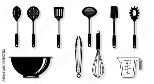 Collection of kitchen utensils and cooking tools, including a bowl, whisk, slotted spoon, spatula, tongs, and measuring cup