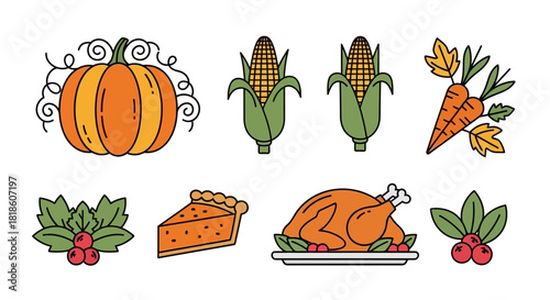 Collection of festive Thanksgiving icons including a pumpkin, corn, carrots, pie, turkey, and holly berries for seasonal decorations and designs