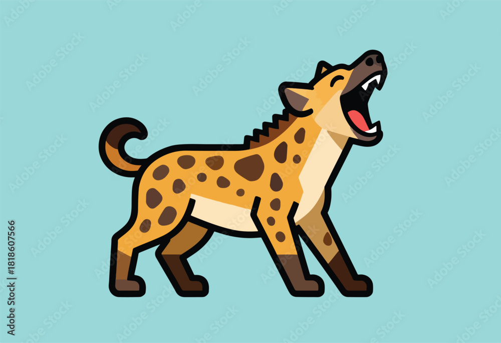 Fototapeta premium A cartoon hyena with spotted fur, open mouth, and a tail, rendered in a simple, flat design against a blue backdrop