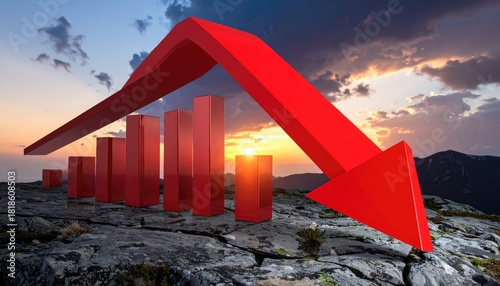 A vivid depiction of financial downturn. A red arrow is prominently pointing downward over a graph