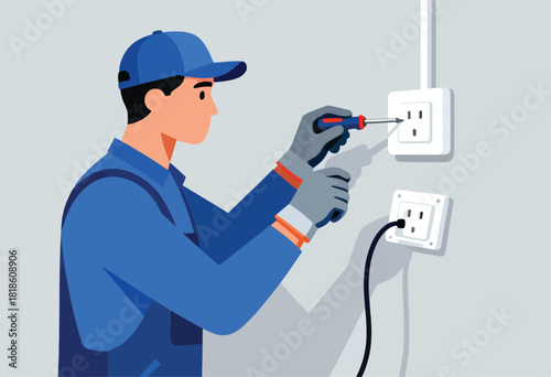 An electrician in blue overalls uses a screwdriver to fix an outlet on a gray wall. Another outlet below, attached by a cord