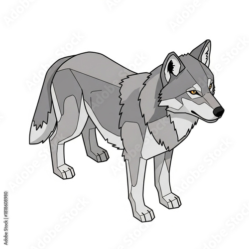 Stylized illustration of a gray wolf standing on a white background, depicted with geometric shapes and a serious expression.