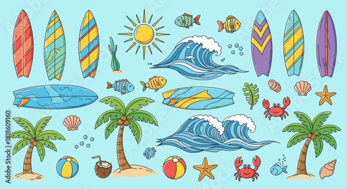 Colorful summer beach elements: surfboards, waves, palm trees, sun, fish, and sea creatures.
