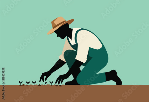 A farmer plants seedlings in the soil, wearing overalls and hat, with a simple, colorful design