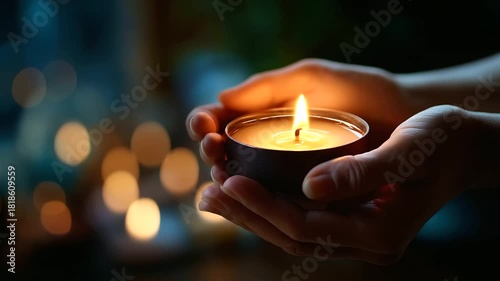 Hands holding candle during spiritual ritual face hidden in shadow meditation practice sacred ceremony candlelight ritual spiritual devotion prayer moment wiccan practice