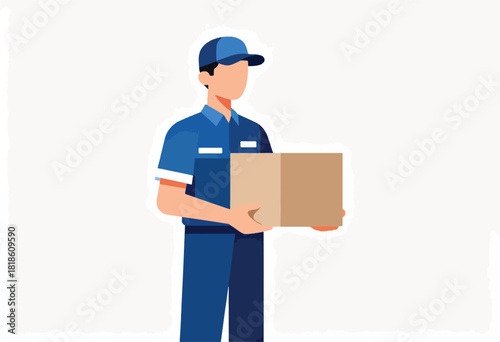 An illustration shows a delivery person in uniform holding a cardboard box against a white background