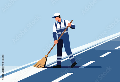 An illustration shows a street cleaner in uniform sweeping a road with a broom. The sky is blue