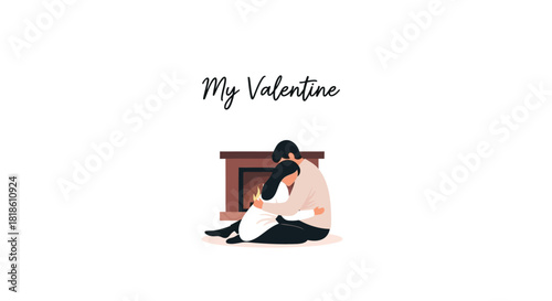 Couple embracing by fireplace with my valentine text illustration