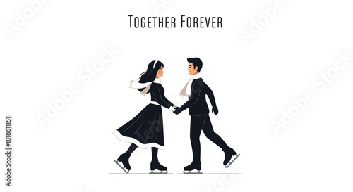 Couple holding hands ice skating together in winter dressed in warm clothing with scarves and text together forever