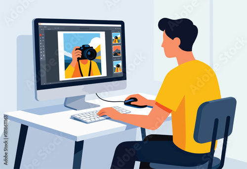 A person, seated at a desk, uses a computer to edit a photo of a photographer. The set up is simple