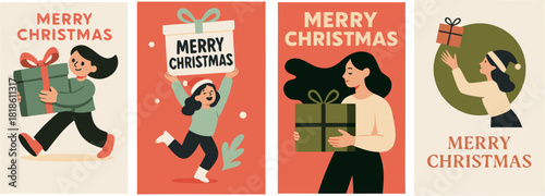 Cheerful Christmas greeting cards with festive gift-giving people creating holiday cheer and seasonal happiness