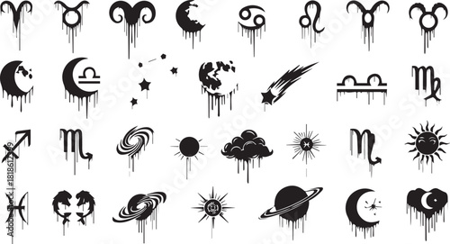 Black vector set of dripping mystical astrology zodiac signs and celestial icons isolated PNG with Transparent Background