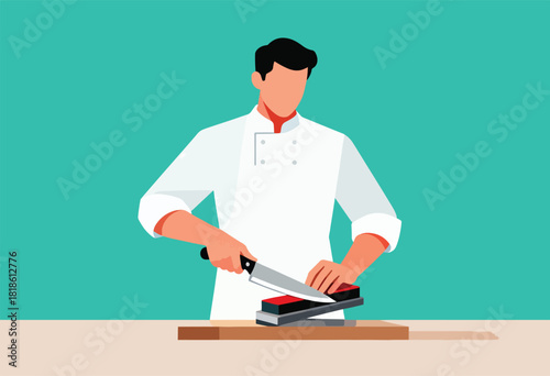 A chef in a white uniform sharpens a knife on sharpening stones against a teal backdrop