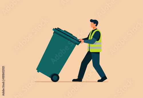 A vector illustration depicts a waste management worker pushing a green trash bin. He wears a safety vest