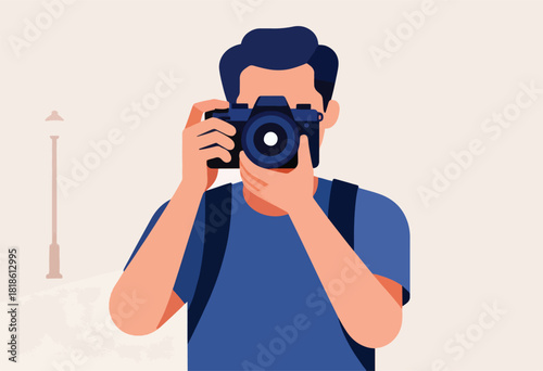 A flat illustration of a person taking a photograph with a camera, a streetlight in background