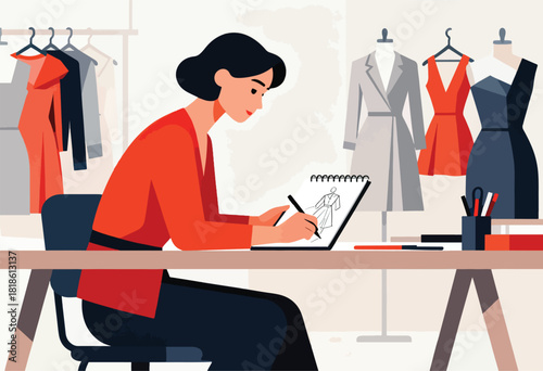 A woman sketches fashion designs at a desk, with dresses displayed. A creative artist's vision
