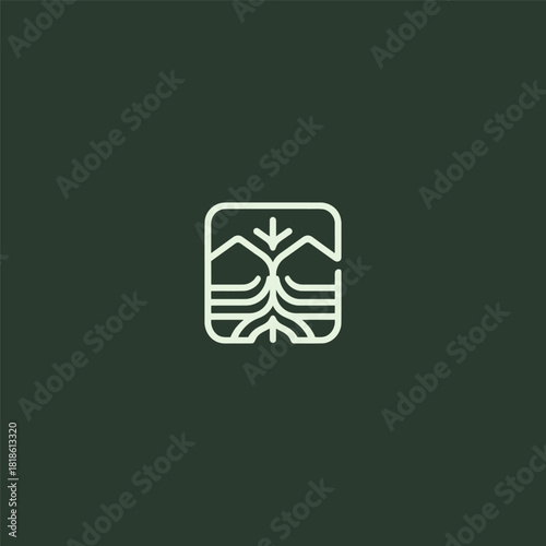 River and Root line art logo symbolizing nature growth and deep foundation.