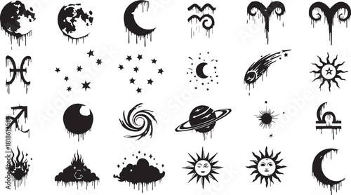Spooky astrological dark cosmos icons set with dripping moon and star symbols isolated PNG with Transparent Background
